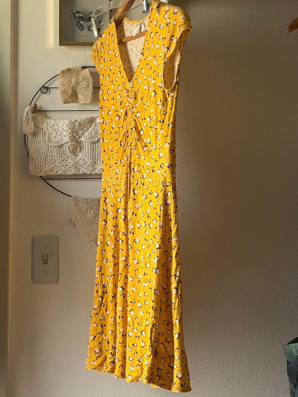 Mudd Yellow Floral V-Neck Midi Dress with Front Tie